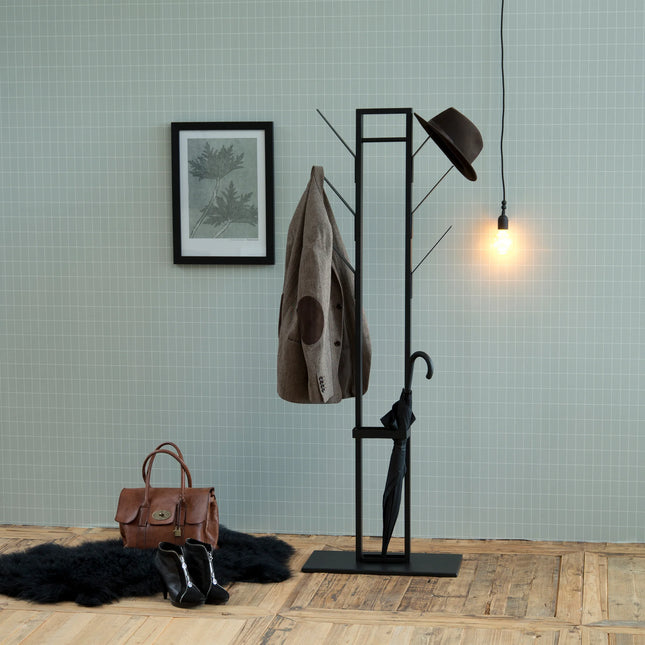 Vinson coat hanger close-up of matte black steel frame with umbrella holder and slim hooks