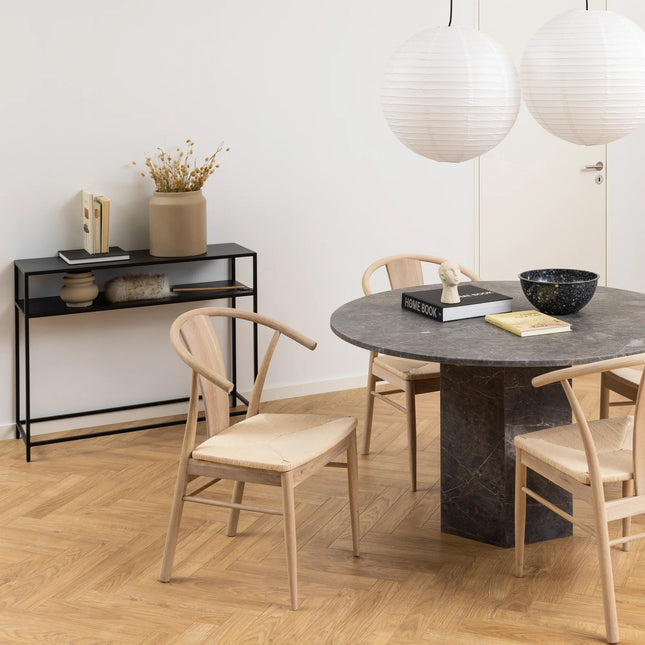 Newcastle console table in matte black with thin metal frame and open lower shelf