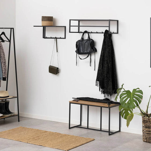 Seaford coat rack wall-mounted metal shelf with five lower hooks, black finish