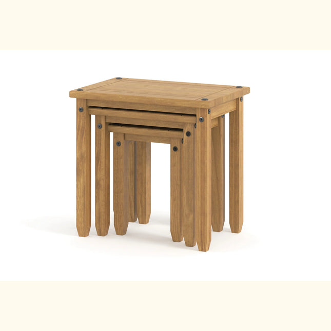 Corona nest of three pine tables with black metal stud accents