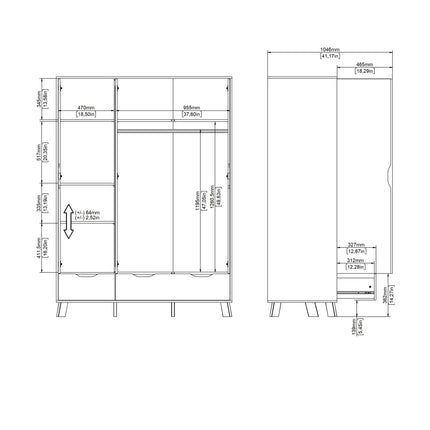 Ikast - Wardrobe 3 Doors and 2 Drawers with Mirror