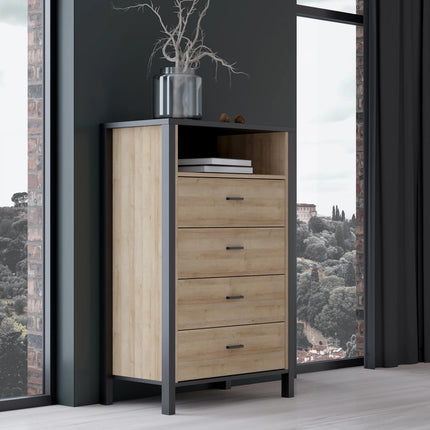 High Rock Chest of 4 Drawers in Matt Black and Riviera Oak
