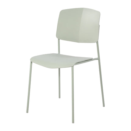 Aspen dining chair close-up of pale green plastic seat and slim metal legs