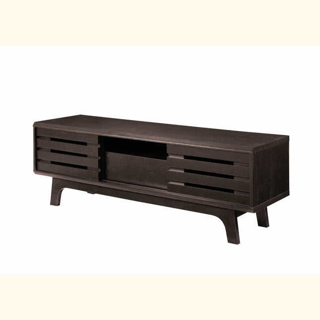 Close-up of dark oak TV unit top, centre open shelf and slatted sliding-door panels