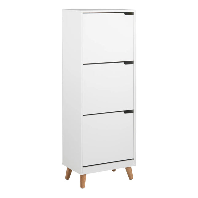 Mitra shoe cabinet in white with three flip-down compartments and tapered oak legs