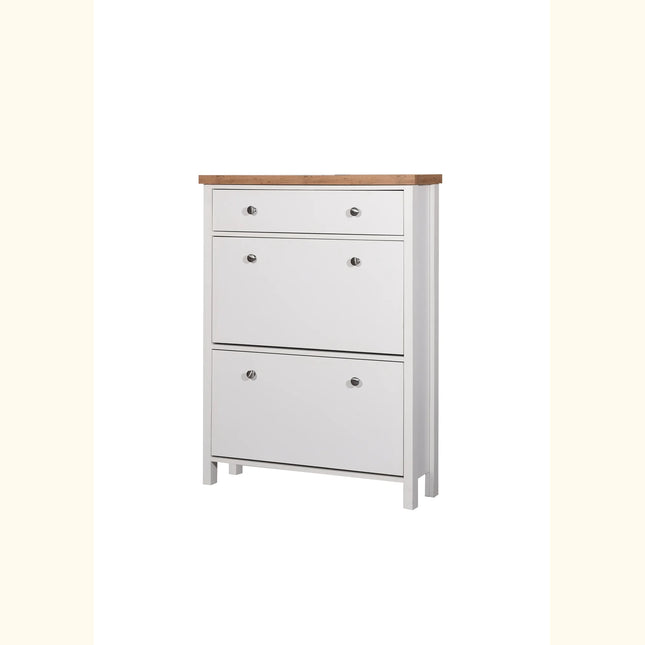 Astbury shoe cabinet in white with oak-effect top and three drop-front compartments, metal knobs