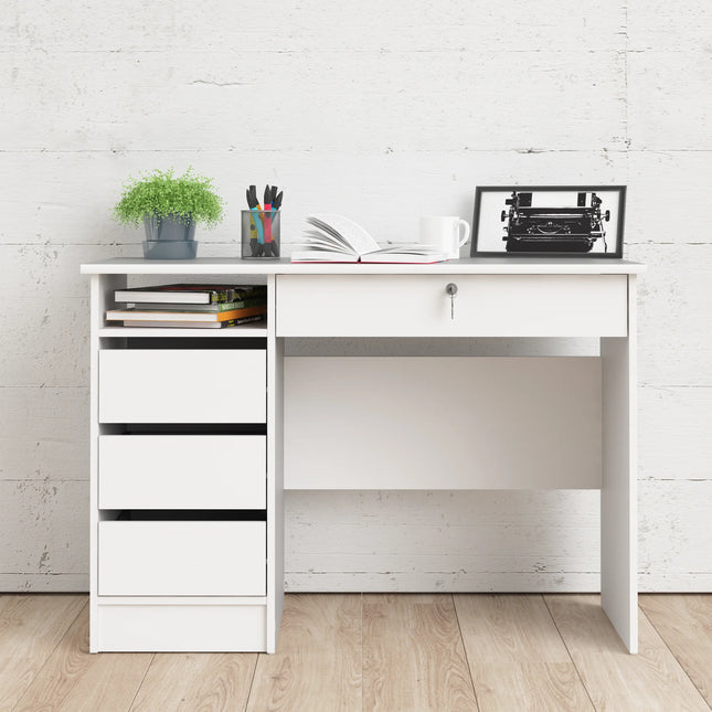 Function Plus desk left drawer column with handle-free white drawers and open shelf