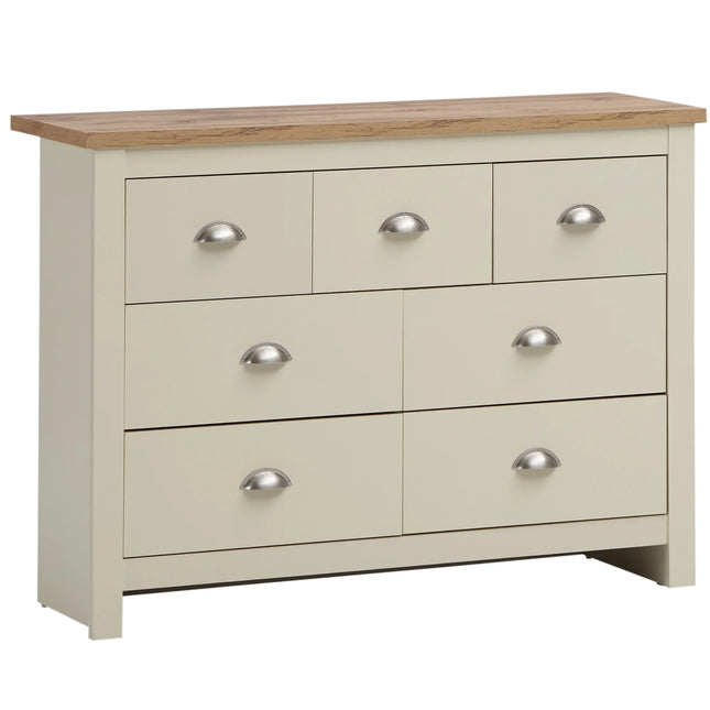 Lisbon chest of seven drawers in cream with oak-effect top and silver cup handles