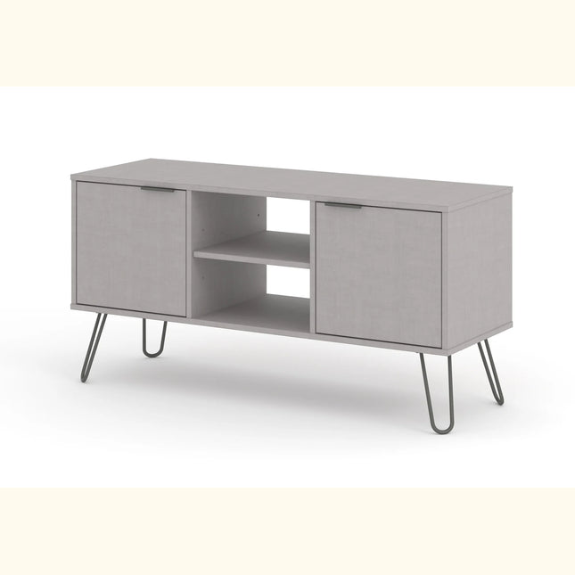 Close-up of metal hairpin legs and central open shelving on light grey TV unit