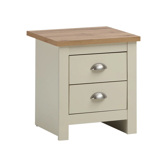 Lisbon bedside table in cream paint with oak-effect top and two metal cup handles