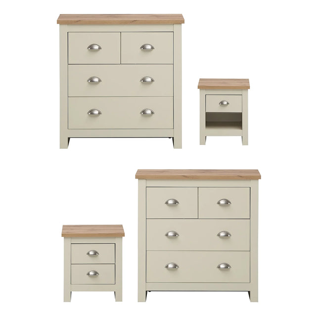 Lisbon bedside table and matching 4-drawer chest in cream paint with oak-effect tops and cup handles