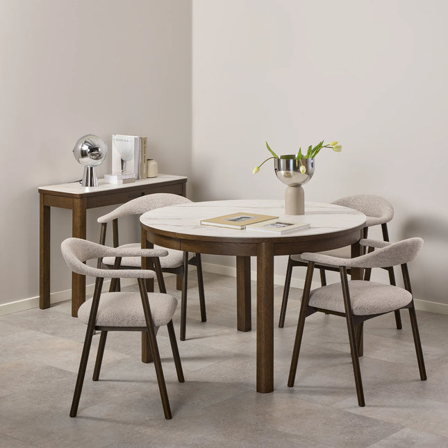Southampton console table corner with cream ceramic top, single drawer and wooden legs