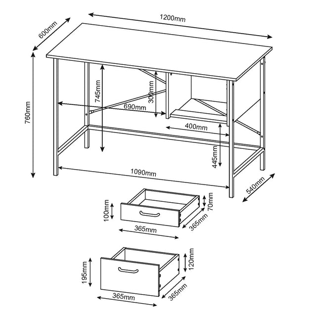Loft - Desk - 2 Drawer Oak with Black Metal Frame