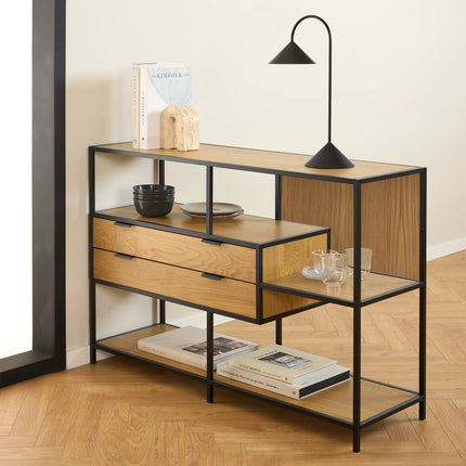 Seaford Wide Oak Metal Bookcase with 2 Drawers and 3 Shelves