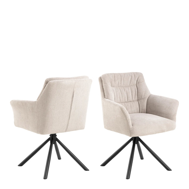 Alonso dining chair pair in beige textured upholstery with black metal swivel bases