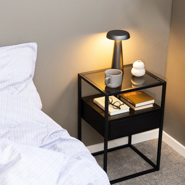Randolf - Bedside Table in Black with Smoked Glass
