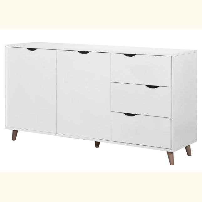 Pulford sideboard in white with two doors, three drawers and tapered wood legs