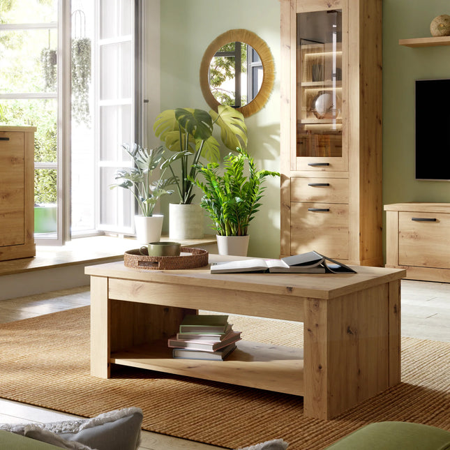 Corona coffee table oak-effect with open lower shelf and visible knot grain