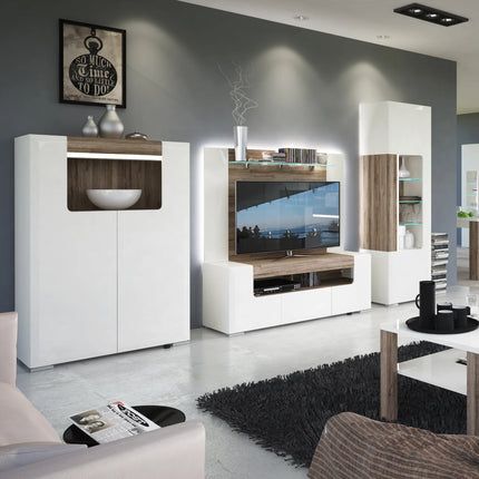 Toronto - Tall Narrow Glazed display cabinet with internal shelves (inc. Plexi Lighting) In White and Oak