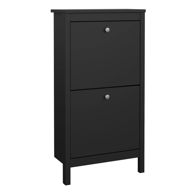 Madrid shoe cabinet in matte black with two flip doors and round silver knobs