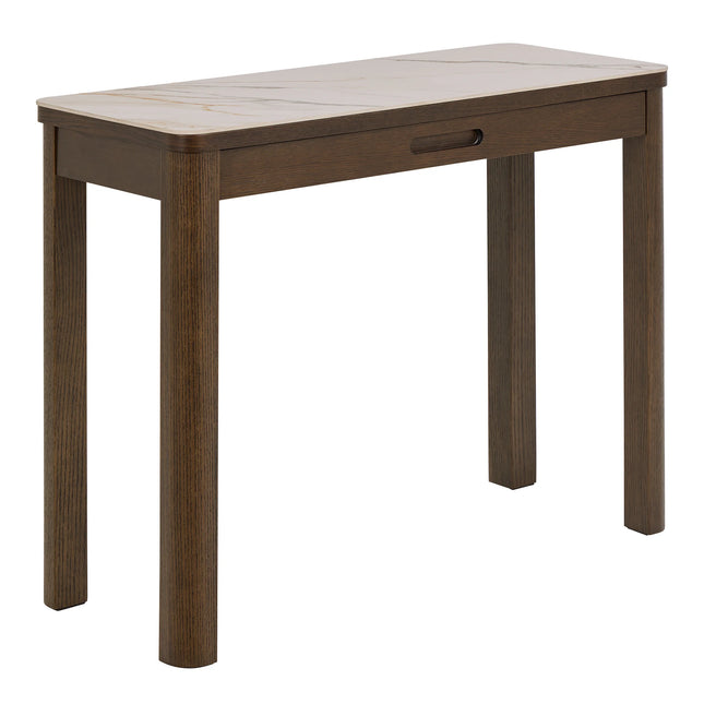 Southampton console table with cream ceramic top and dark oak legs, single recessed drawer