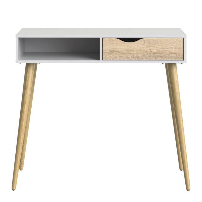Oslo console table detail — white frame with left open shelf, oak-effect drawer and tapered oak legs