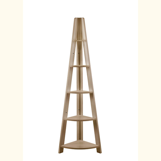 Riva corner ladder bookcase in light oak finish, four triangular corner shelves