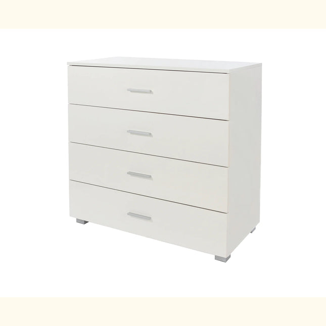 Lido chest of drawers in white with four flat-front drawers and slim silver handles