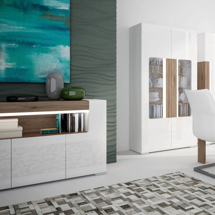 Toronto - 3 Door Sideboard with open shelving (inc. Plexi Lighting) In White and Oak