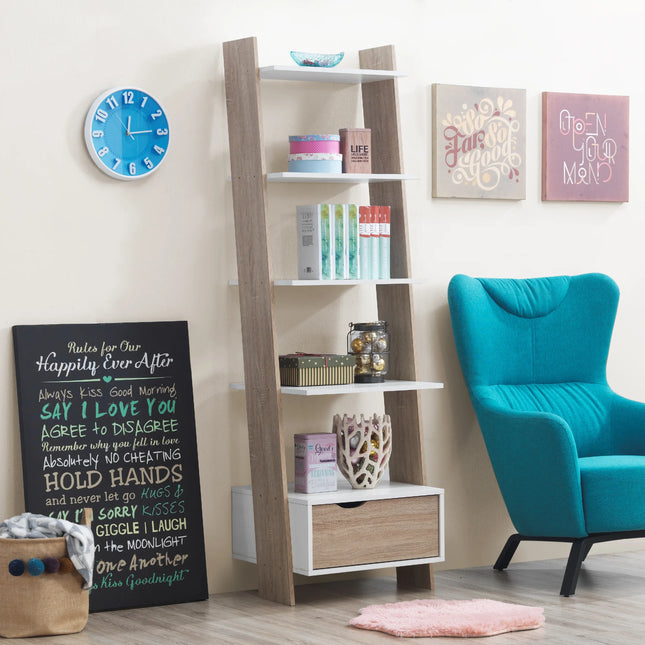 Pulford ladder bookcase side with white shelves, sonoma oak uprights and lower drawer