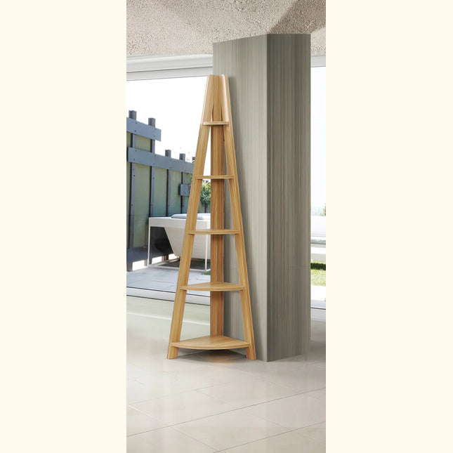 Riva corner ladder bookcase in light oak with five triangular shelves
