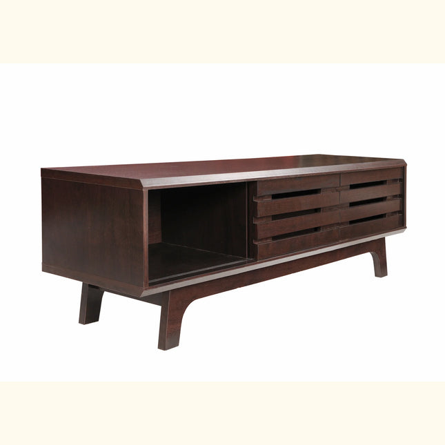 Essentials TV unit in dark oak with open shelf and slatted sliding door detail