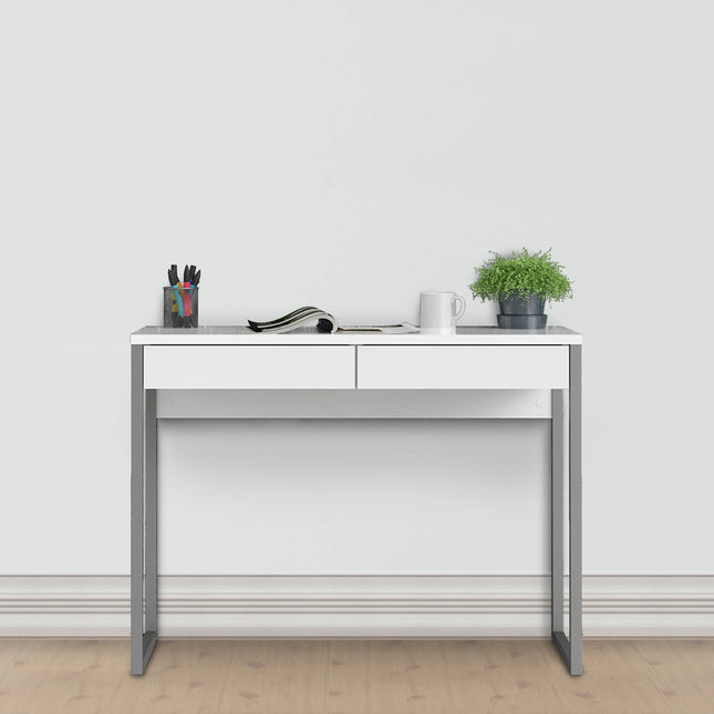 Function Plus Compact Desk with white top, two slim drawers and grey metal legs