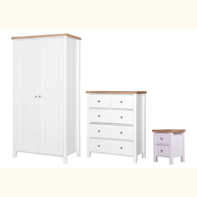 Astbury 3‑piece bedroom set with white painted wardrobe, five‑drawer chest and two‑drawer bedside unit with oak-effect tops