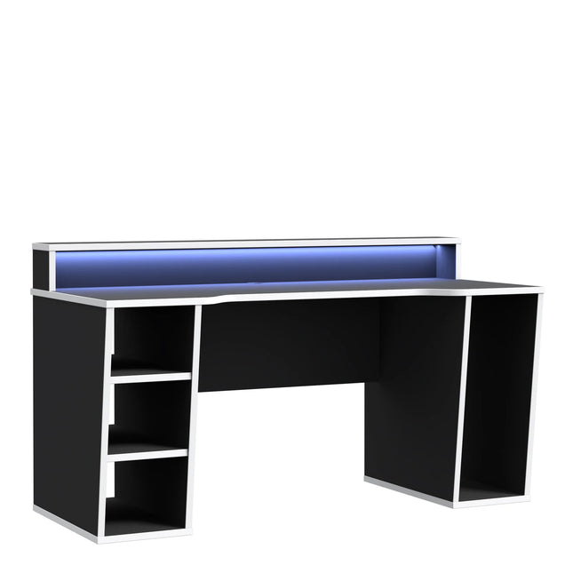 Tezaur black gaming desk with white trim, LED-backlit top shelf and left cubby storage