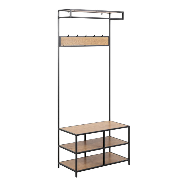 Seaford freestanding clothes rack with black metal frame, four oak-effect shelves and top hanging rail with five hooks