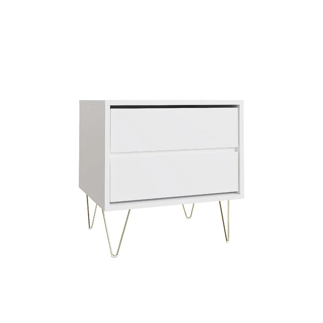 Monaco bedside with two white slab drawers and gold hairpin legs
