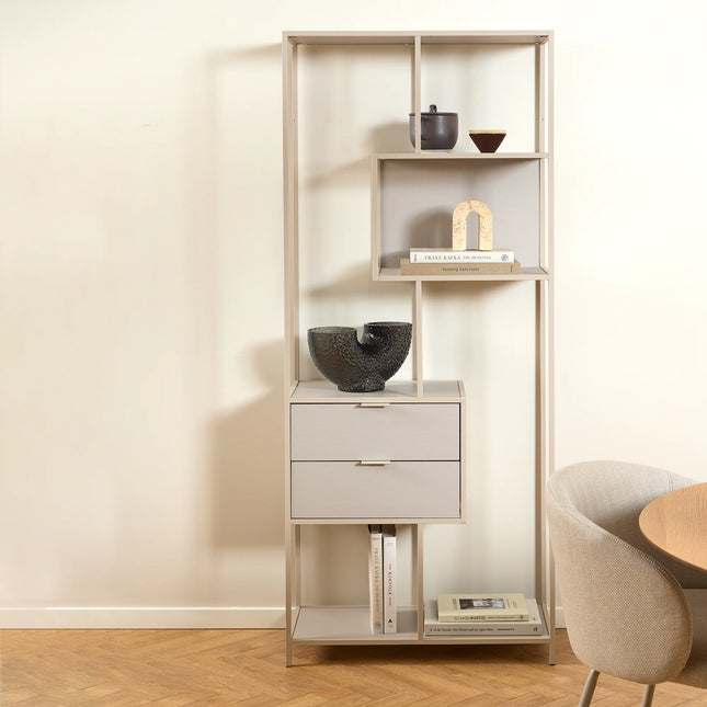Seaford - Tall Grey Metal 2 Drawer Bookcase with 4 Shelves