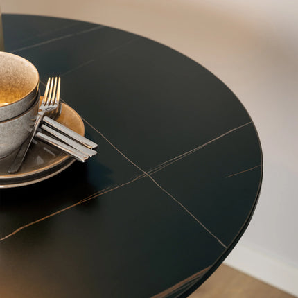 Malta - Ceramic Round Dining Table in Black with 4 Celia Dining Chairs