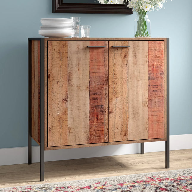 Close-up of rustic oak plank-effect doors with slim black metal handles and legs
