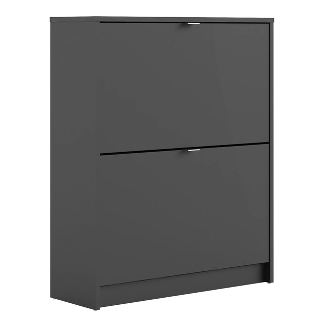Shoes shoe cabinet in matte dark grey with two flip-down doors and slim metal handles