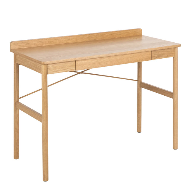 Paul desk in light oak with slim rectangular top, low rear lip, slim legs and cross-brace