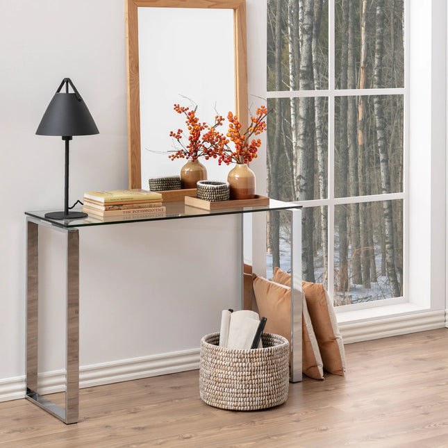 Close-up of Katrine console table chrome U-shaped leg with glass top edge