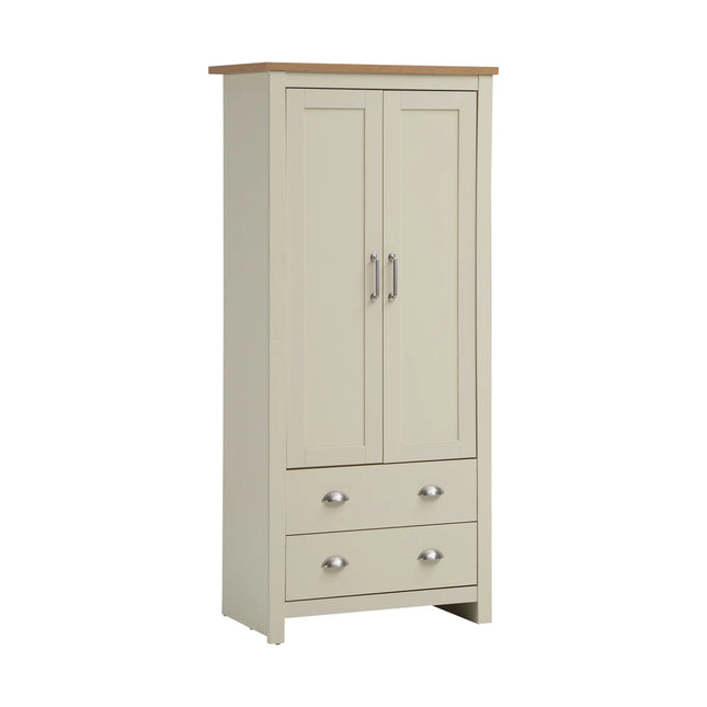 Lisbon wardrobe in muted cream with oak-effect top, two doors and two lower drawers with silver cup handles