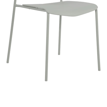 Aspen dining chair close-up of pale grey plastic seat and slim metal legs