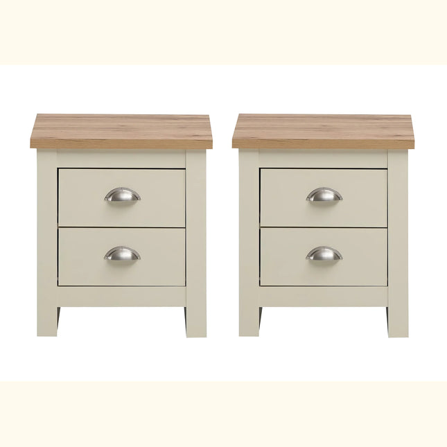 Pair of Lisbon bedside tables in cream with oak-effect tops and chrome cup handles