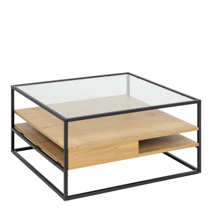 Randolf - Square Coffee Table with 2 Shelves in Black and Oak