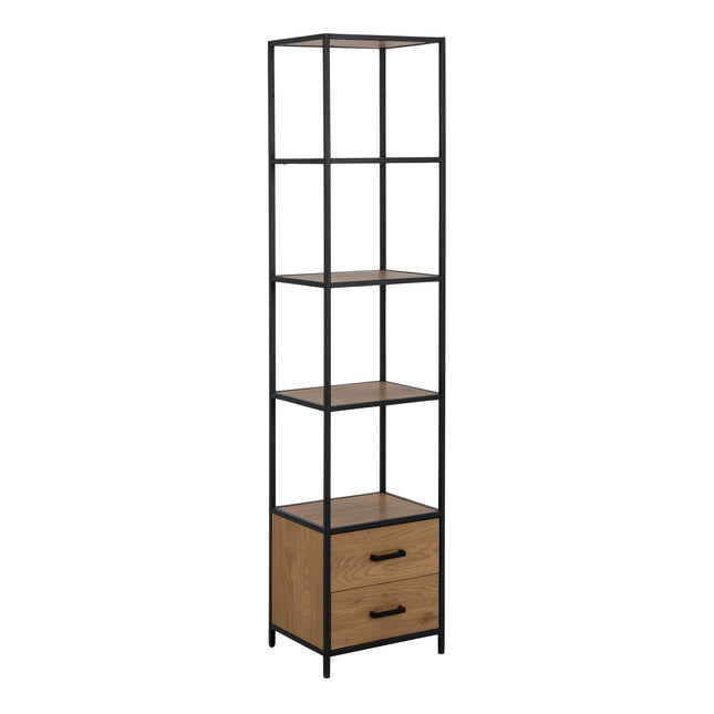 Seaford bookcase with black metal frame, three open wood shelves and two oak-finish drawers