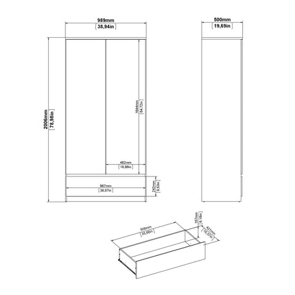 Naia - Wardrobe with 2 Doors + 1 Drawer