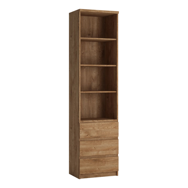 Fribo tall narrow bookcase in warm oak-effect finish with three open shelves and two lower drawers